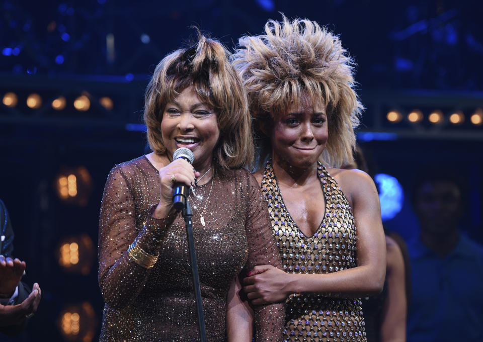 Singer Tina Turner, left, speaks on stage with actress Adrienne Warren on the opening night of "Tina – The Tina Turner Musical" at the Lunt-Fontanne Theatre on Thursday, Nov. 7, 2019, in New York. (Photo by Evan Agostini/Invision/AP)