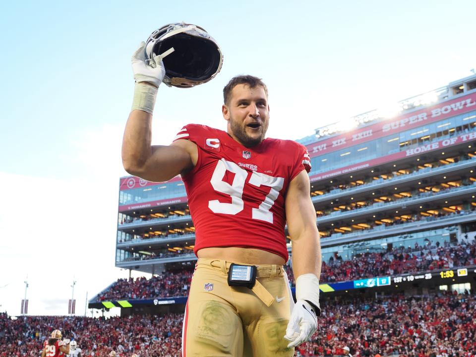 San Francisco 49ers defensive end Nick Bosa (97) celebrates a play against the Miami Dolphins during the fourth quarter at Levi's Stadium.