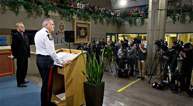 Edmonton City Police Chief Rod Knecht speaks about multiple homicides that took place at different scenes overnight. Photo: AP/The Canadian Press, Jason Franson