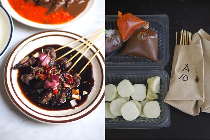 The mutton 'sate' Madura is served with 'kicap manis' ABC topped with chopped shallots and chillies (left). 'Sate' Madura is wrapped in brown paper and served with their respective sauces (right)