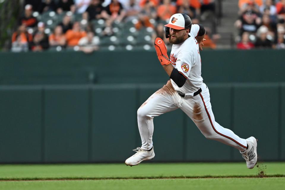 Colton Cowser runs the bases in a game against the Twins at Camden Yards.