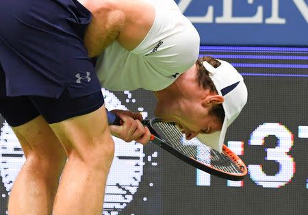 Sept 7, 2016; New York, NY, USA; Andy Murray of Great Britain reacts to a missed shot while playing Kei Nishikori of Japan on day ten of the 2016 U.S. Open tennis tournament at USTA Billie Jean King National Tennis Center. Robert Deutsch-USA TODAY Sports