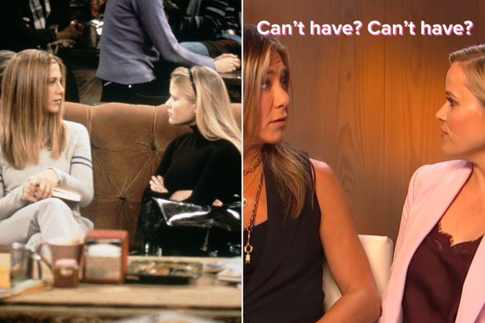 FRIENDS -- "The One with Rachel's Sister" Episode 13 -- Pictured: (l-r) Jennifer Aniston as Rachel Green, Reese Witherspoon as Jill Greene