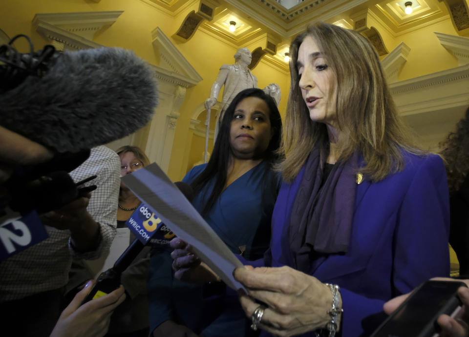 FILE - In this Feb. 21, 2019 file photo, Del. Charniele Herring, D-Alexandria, left, and House Minority Leader Eileen Filler-Corn, right, speak to the media at the rotunda inside the State Capitol in Richmond, Va. Virginia's House of Delegates is poised to have the first female speaker in its 400-year history, with the chamber's Democrats choosing a veteran legislator for the post. Democratic delegates for the upcoming session meeting on Saturday, Nov. 9 chose Filler-Corn of Fairfax County as their nominee. (Bob Brown/Richmond Times-Dispatch via AP, File)