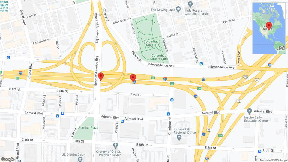 A detailed map that shows the affected road due to 'Broken down vehicle on eastbound I-70/I-35 in Kansas City' on December 15th at 5:45 p.m.