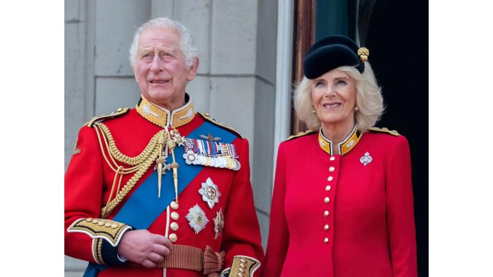 Charles and Camilla watching Trooping the Colour flypast