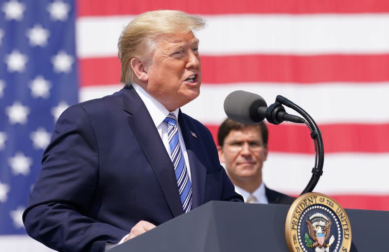 U.S. President Donald Trump participates in a send off for the Navy hospital ship USNS Comfort, in Norfolk