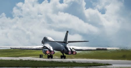 One of two U.S. Air Force B-1B Lancer bombers takes off for a 10-hour mission, to fly in the vicinity of Kyushu, Japan, the East China Sea, and the Korean peninsula, from Andersen Air Force Base, Guam August 8, 2017. U.S. Air Force/Tech. Sgt. Richard P. Ebensberger/Handout via REUTERS