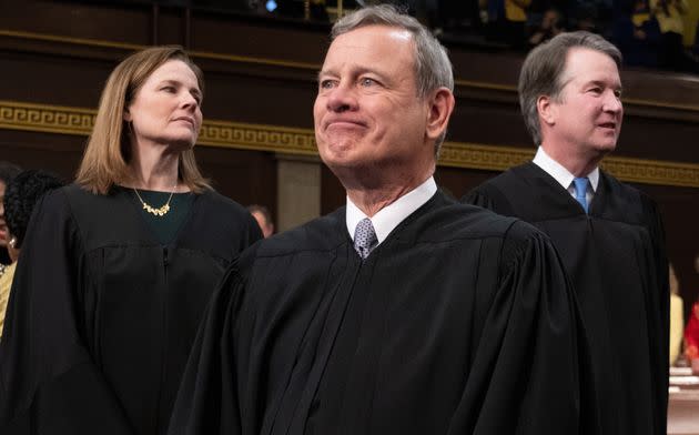 Chief Justice John Roberts (center) and Justices Amy Coney Barrett (left) and Brett Kavanaugh (right) were the three conservative justices most skeptical of the independent state legislature theory put forward in Moore v. Harper.