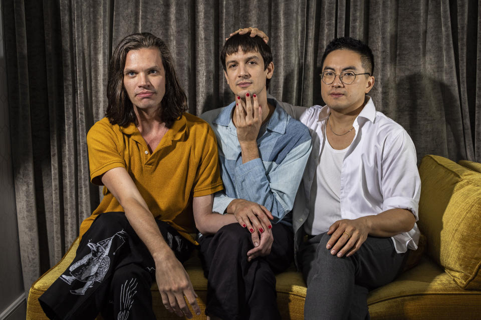 Aaron Jackson, from left, Josh Sharp and Bowen Yang pose for a portrait to promote the film "Dicks: The Musical" during the Toronto International Film Festival, Saturday, Sept. 9, 2023, in Toronto. (Photo by Joel C Ryan/Invision/AP)