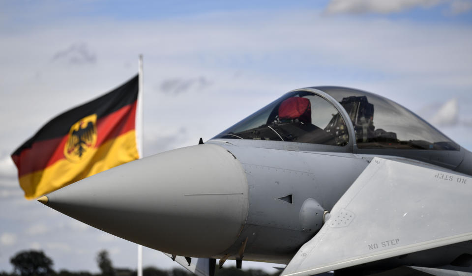 A German Eurofighter jet is pictured at the airbase in Noervenich, Germany, Thursday, Aug. 20, 2020. Pilots from Israel and Germany will fly together the next two weeks during the first joint military Air Force exercises between the two nations in Germany. (AP Photo/Martin Meissner)