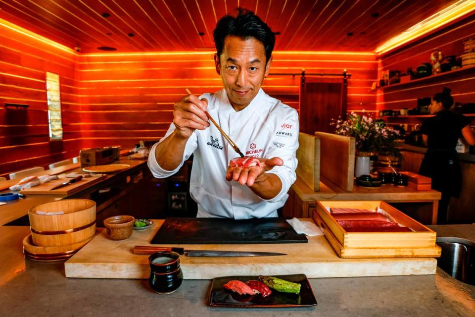 Head Chef Atsushi Okawara of The Den at Azabu prepares a curated omakase dinner on Miami Beach, Florida.