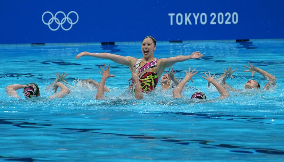 August 7, 2021: Japan performs in the women&#39;s artistic swimming team free routine during the Tokyo 2020 Olympic Summer Games at Tokyo Aquatics Centre.