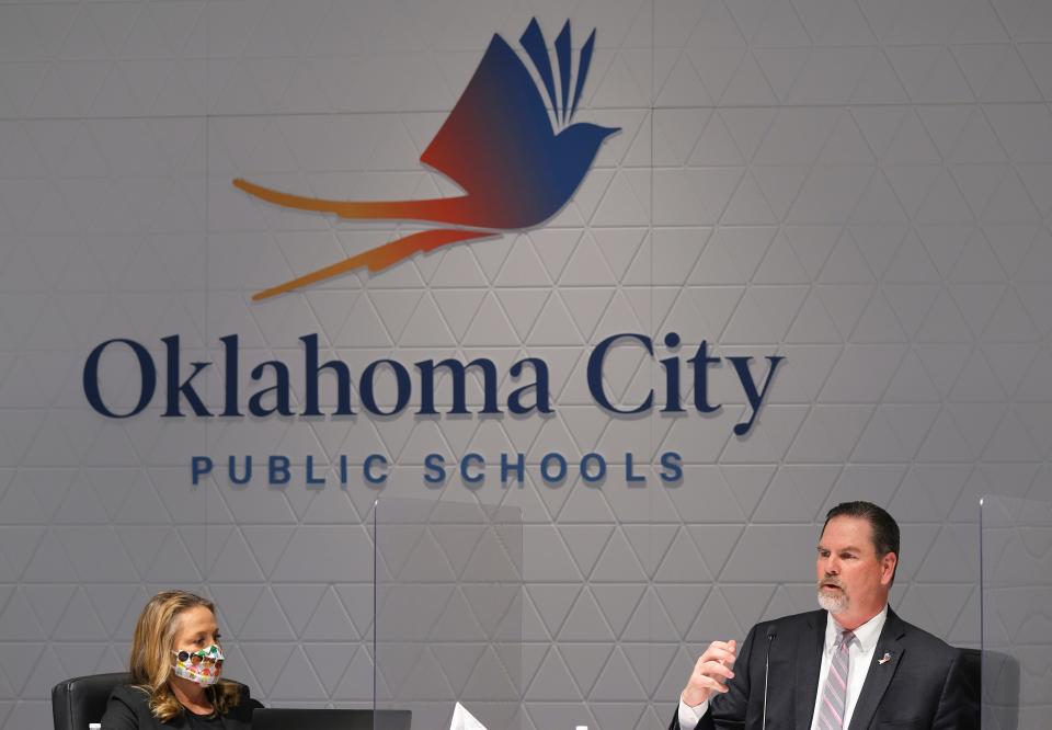 Paula Lewis listens to Sean McDaniel during the Oklahoma City Public School Board meeting Monday, April 12, 2021.