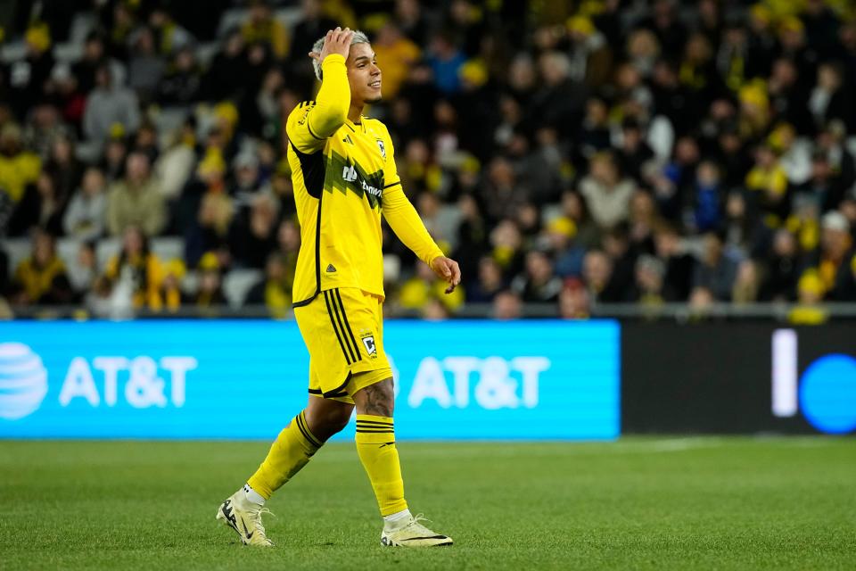 Apr 6, 2024; Columbus, OH, USA; Columbus Crew forward Cucho Hernandez (9) walks off the field after being given a red card during the second half of the MLS soccer match against D.C. United at Lower.com Field.