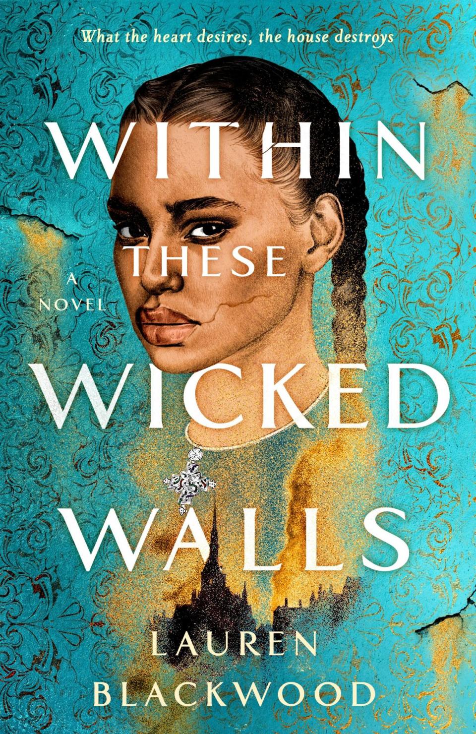 The cover for Within these Wicked Walls shows a young girl looking out to the reader with a serious expression a scary building lurks beneath her face