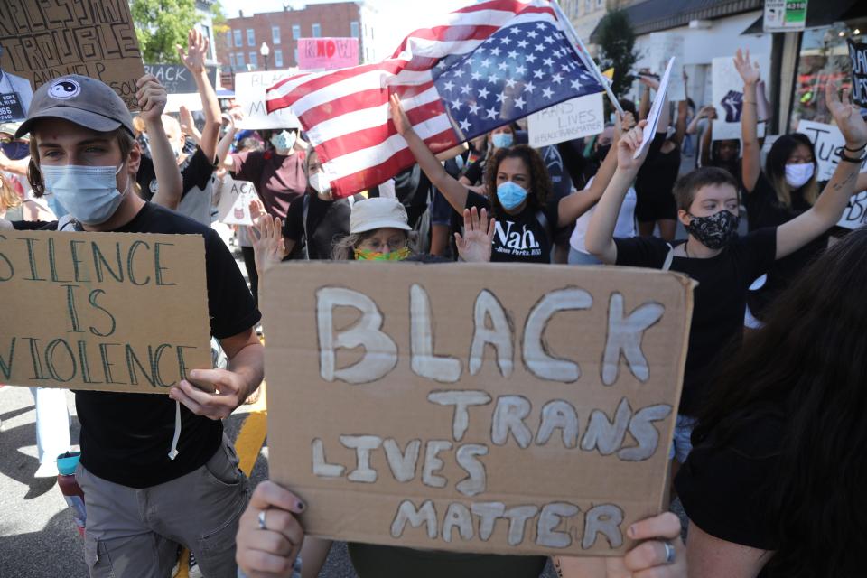 Protesters make their way up East Ridgewood Ave. as part of a march organized by Ridgewood for Black Liberation and Black Lives Matter in Ridgewood, NJ on September 5, 2020. They were protesting a shooting in Kenosha, WI. and a death in Rochester, NY back in March.