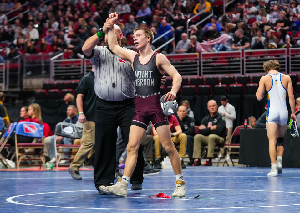 Mount Vernon’s Jase Jaspers is shown after winning a semifinal match at the Class 2A state wrestling tournament in Des Moines on Feb. 17.