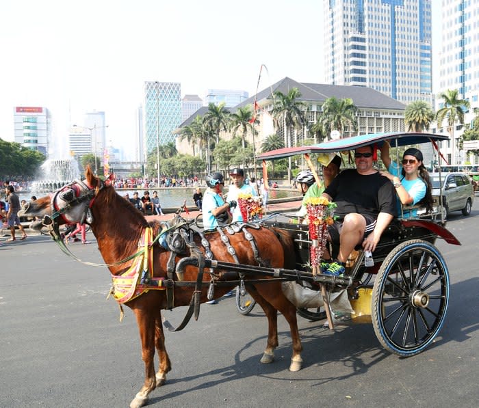 The Langfords: During their stay in Fairmont Jakarta, they were treated to a city tour on the hotel's BMW bikes during Car Free Sunday, toured the Monas area on an andong, learned how to make batik at the National Museum and enjoyed a lovely dinner in Kota Tua.