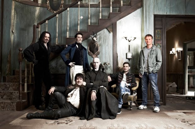 Jemaine Clement and Taika Waititi with the rest of the cast in "What We Do in the Shadows" movie<p>Resnick Interactive</p>