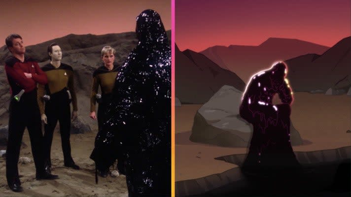 Two images. Left: the Enterprise crew encounter Armus in 