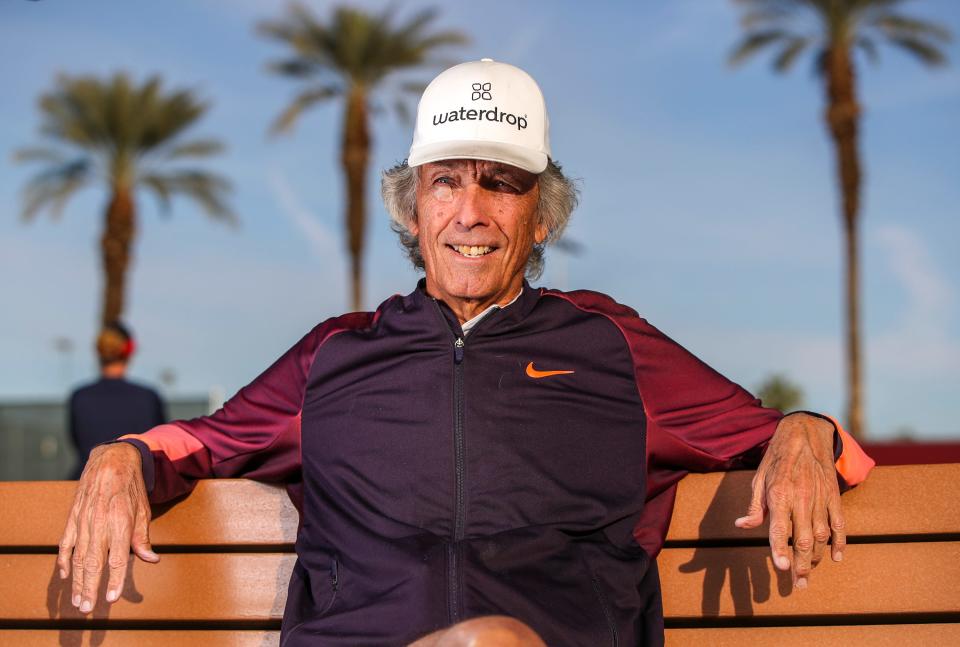 Guy Fritz, father of defending BNP Paribas Open champion Taylor Fritz, poses for a photo at the College of the Desert tennis courts in Palm Desert, Calif., Thursday, Feb. 16, 2023.