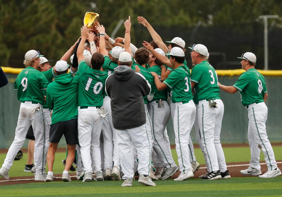 Wall celebrates after defeating Bushland 4-2 in the third game of a best-of-three Region I-3A semifinal series Saturday, May 27, 2023, at Lubbock-Cooper’s Pirate Field at First United Park.