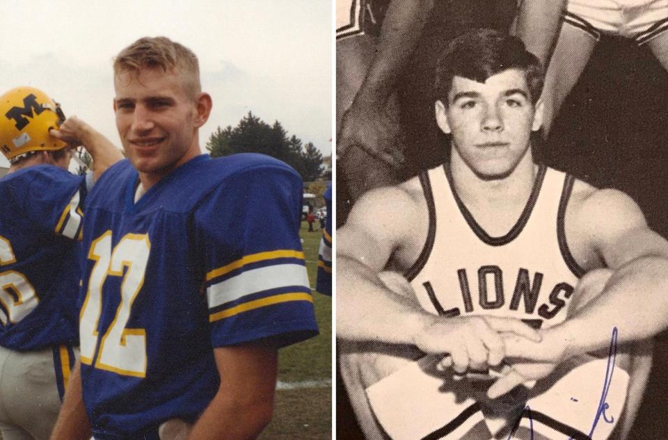 Nate Oats (left) while playing college football for Maranatha Baptist Bible College in Watertown, Wisconsin and Nick Saban (right) while playing basketball for Monongah High School in Monongah, West Virginia.