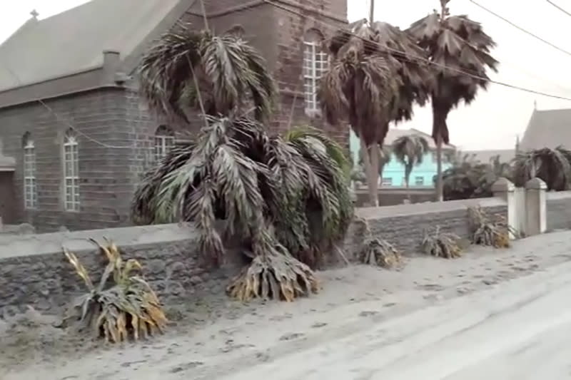 Ash covers palm trees and a church a day after the La Soufriere volcano erupted after decades of inactivity, about 5 miles (8 km) away in Georgetown, St Vincent and the Grenadines April 10, 2021 in a still image from video.  REUTERS/Robertson S. Henry