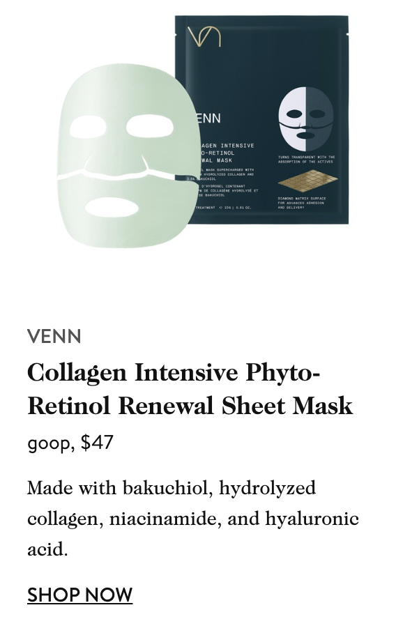 sheet mask made with bakuchiol, hydrolized collagen, niacinamide and hyaluronic acid