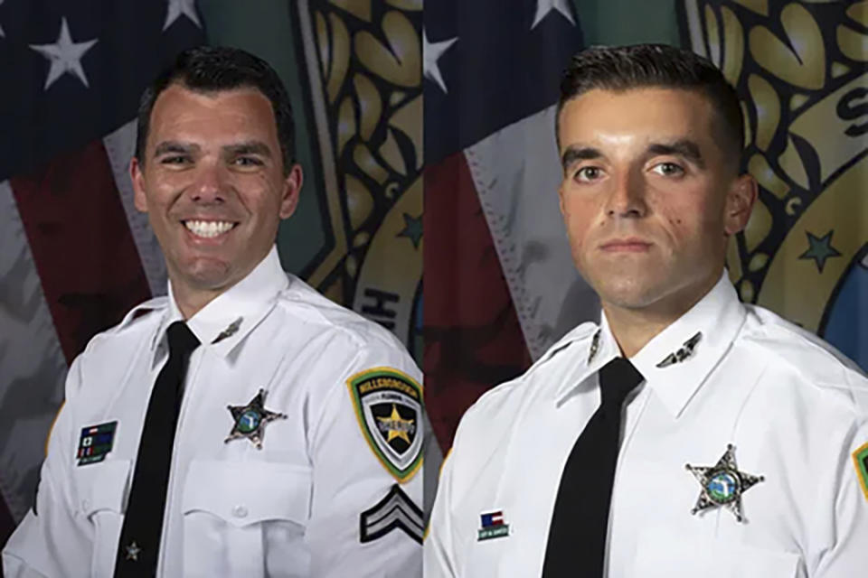 This photo combo provided by Hillsborough County Sheriff's Department shows from left, Cpl. Carlos Brito and Deputy Manuel "Manny" Santos. Authorities say a Florida man intentionally drove into two sheriff’s deputies, Thursday, Nov. 9, 2023, badly injuring them before a third deputy arrested him.(Hillsborough County Sheriff's Department via AP)