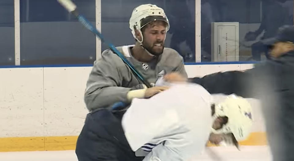 St. Louis Blues teammates Robert Bortuzzo and Zach Sanford dropped the gloves and exchanged blows during practice on Monday. (FOX 2 St. Louis//YouTube)