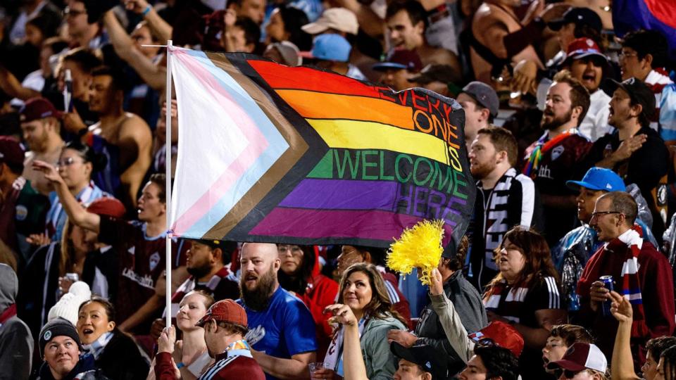 PHOTO: A pride flag is flown in the first half between the Colorado Rapids and Minnesota United at Dick's Sporting Goods Park, in Commerce City, Colorado, on May 25, 2024, (Isaiah J. Downing/USA Today Sports via Reuters)