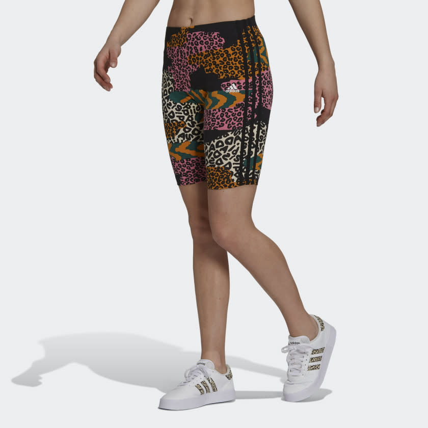 Farm Rio 3-Stripes Print Cotton Bike Shorts. Image via Adidas.