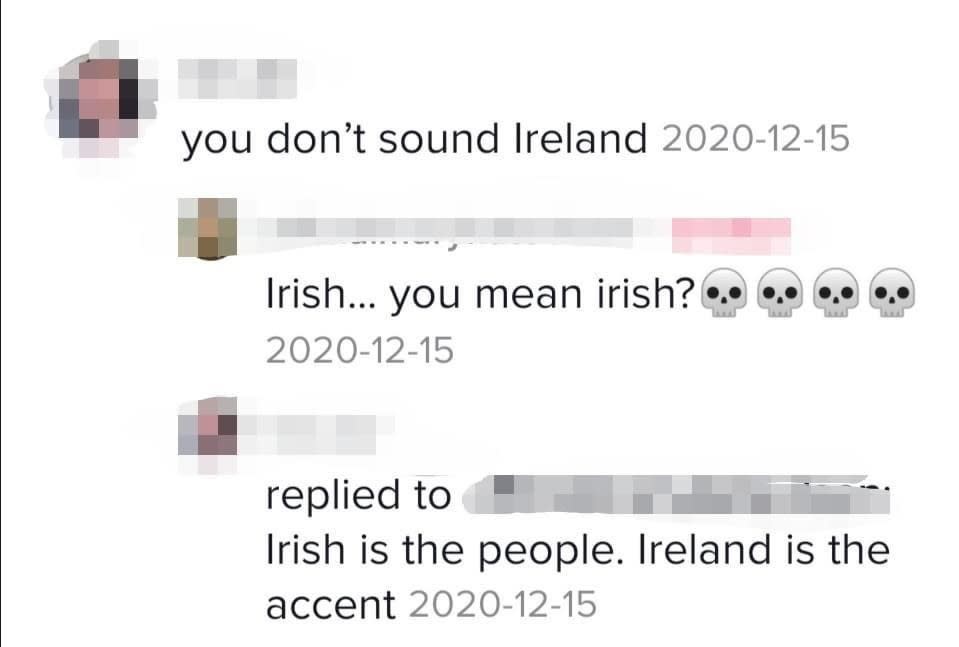 facebook conversation where someone says irish is the people of ireland and ireland is the accent