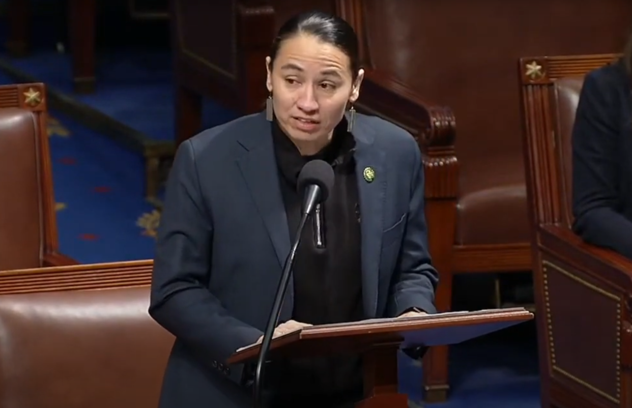 Rep. Sharice Davids (D-Kansas) speaks to Congress during debate for the Native American Entrepreneurial Opportunity Act, which aims to enhance the Office of Native American Affairs under the Small Business Administration. 
