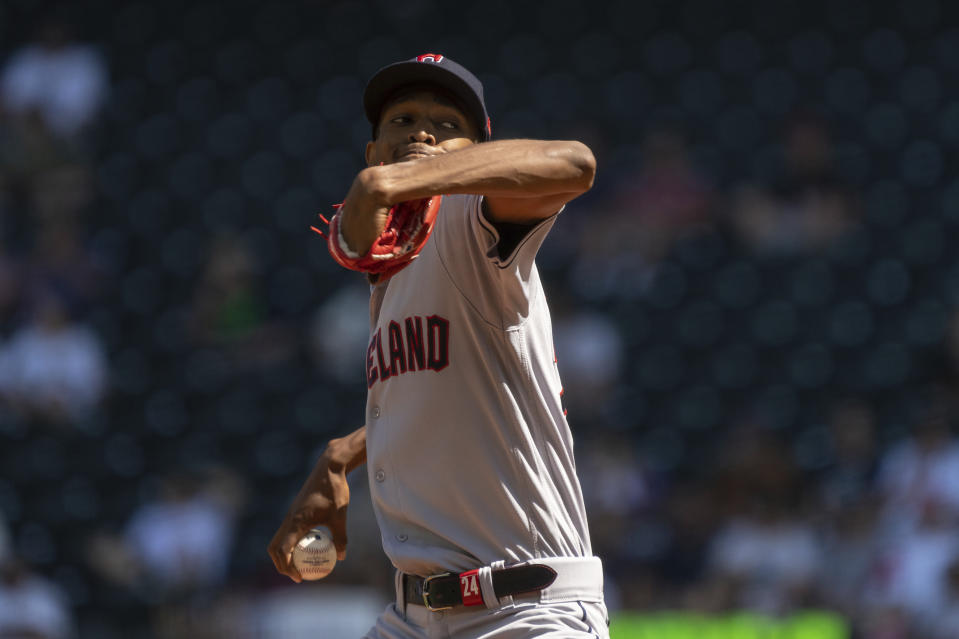 Cleveland Guardians starter Triston McKenzie delivers a pitch during the first inning of a baseball game against the Seattle Mariners, Thursday, Aug. 25, 2022, in Seattle. (AP Photo/Stephen Brashear)