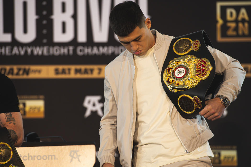 SAN DIEGO, CA - MARCH 02: Boxer Dmitry Bivol poses for photos at the press conference announcing the Canelo Alvarez v Dmitry Bivol fight on May 7th, 2022 at the Sheraton Hotel on March 2, 2022 in San Diego, California. (Photo by Matt Thomas/Getty Images)  ***Local Caption***