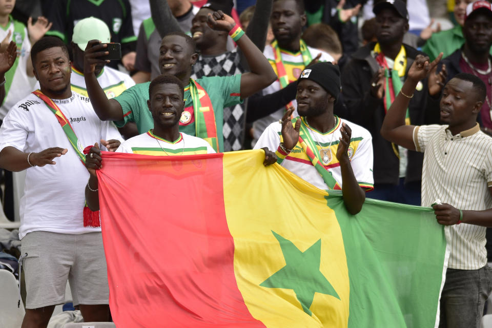 Fans of Senegal cheer prior to a FIFA U-20 World Cup Group C soccer match against Israel at Diego Maradona stadium in La Plata, Argentina, Wednesday, May 24, 2023. (AP Photo/Gustavo Garello)