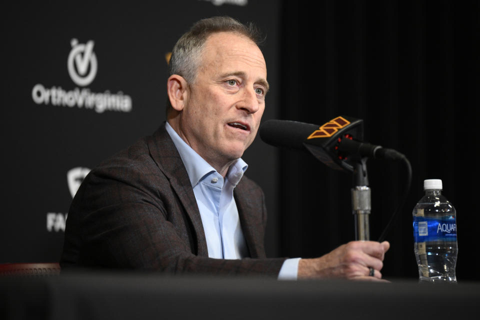 Washington Commanders controlling owner Josh Harris speaks to the media during an NFL football press conference, Monday, Jan. 8, 2024, in Ashburn, Va. (AP Photo/Nick Wass)