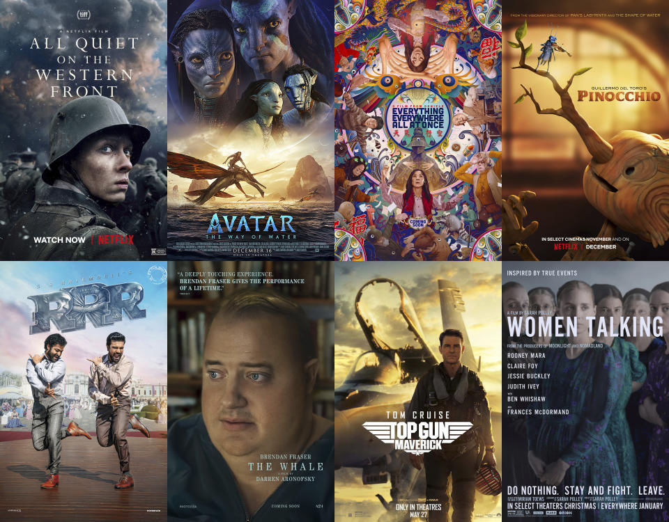 This combination of photos shows promotional art from Oscar-winning films, top row from left, "All Quiet on the Western Front," "Avatar: The Way of Water," "Everything Everywhere All At Once," "Guillermo del Toro's Pinocchio," bottom row from left, "RRR," "The Whale," Top Gun: Maverick," and "Women Talking." (Netflix/20th Century Studios/A24/Netflix/Netflix/Focus Features/Paramount/United Artists via AP)