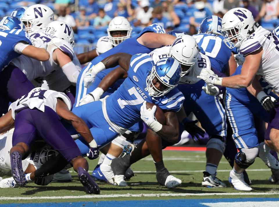 Duke’s Jordan Waters carries the ball into the end zone for a touchdown during the first half of the Blue Devils’ game against Northwestern on Saturday, Sept. 16, 2023, at Wallace Wade Stadium in Durham, N.C. Kaitlin McKeown/kmckeown@newsobserver.com