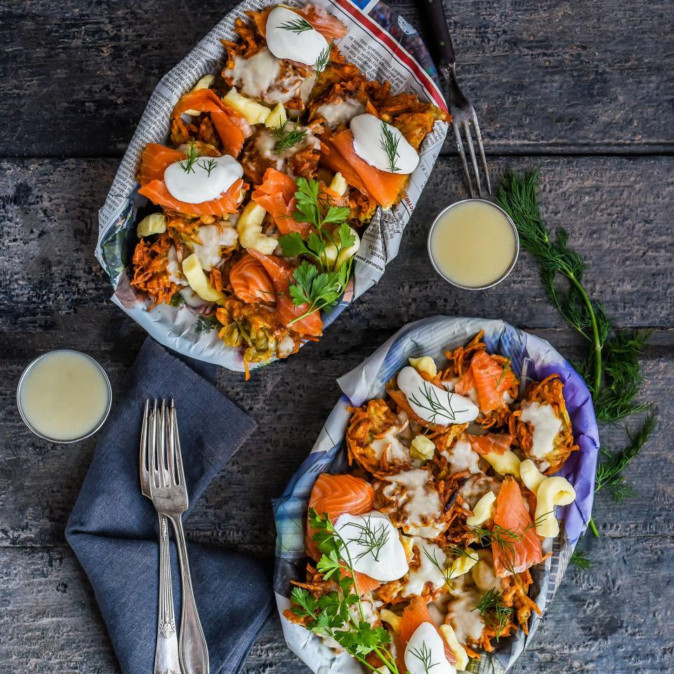 Latke Poutine with Smoked Salmon & Sour Cream Gravy