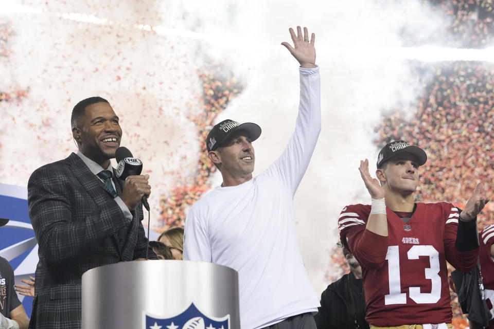 San Francisco 49ers head coach Kyle Shanahan waves after their win against the Detroit Lions in the NFC Championship NFL football game in Santa Clara, Calif., Sunday, Jan. 28, 2024. (AP Photo/Godofredo A. Vasquez)