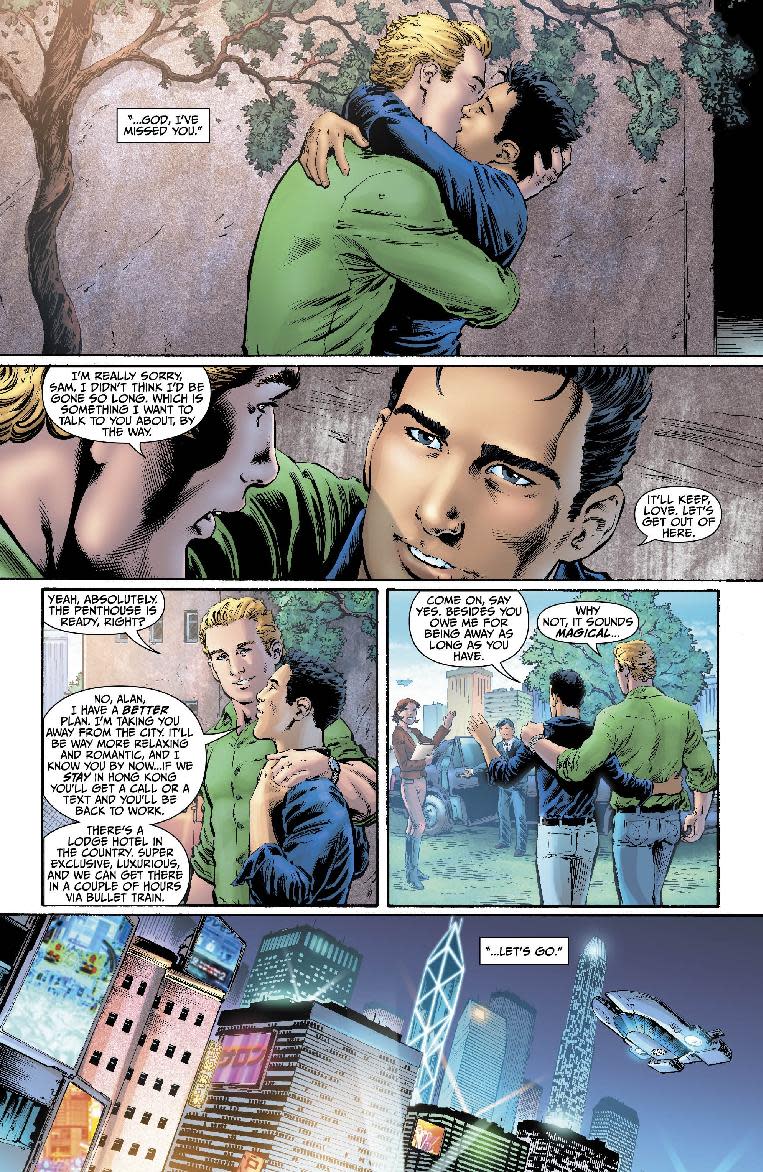 This image provided by DC Entertainment shows a page from the second issue of the company's "Earth 2" comic book series featuring Alan Scott, the alter ego of its Green Lantern character, who is revealed to be gay. The reveal is the latest example of how comics publishers big and small are making their characters just as diverse as the people who read their books. The issue will be available on June 6, 2012 (AP Photo/DC Entertainment)