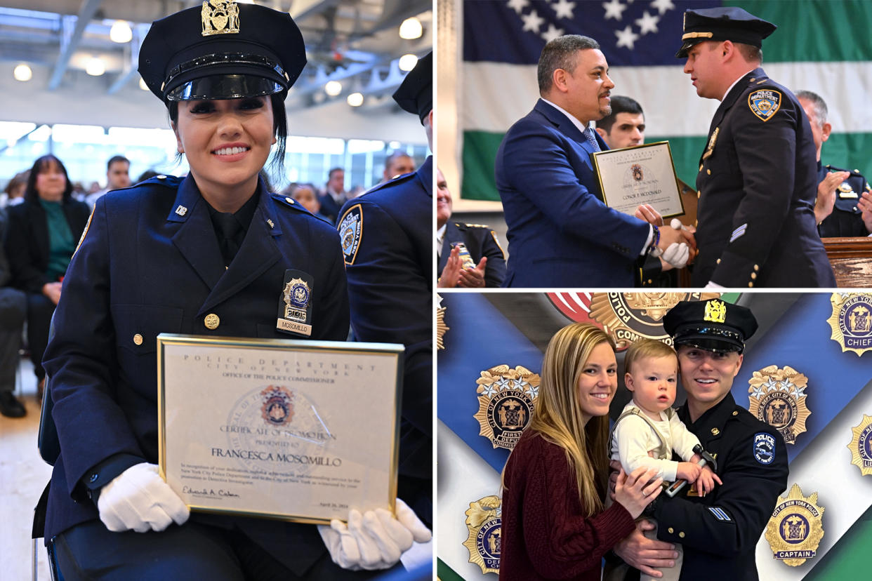 Newly promoted Francesca Mosomillo, Newly promoted Conor McDonald and Police Commissioner Edward Caban, NYPD promotions ceremony today, pictured here is Diller's brother-in-law, NYPD Officer Jonathan McAuley at right, next to late Jonathan Diller's wife Stephanie Diller