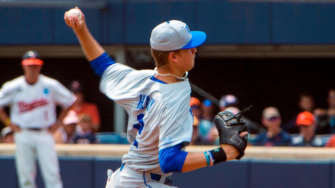 Duke starting pitcher Andrew Healy throws during the first inning of a NCAA college baseball super regional game against Virginia, Friday, June 9, 2023, in Charlottesville.