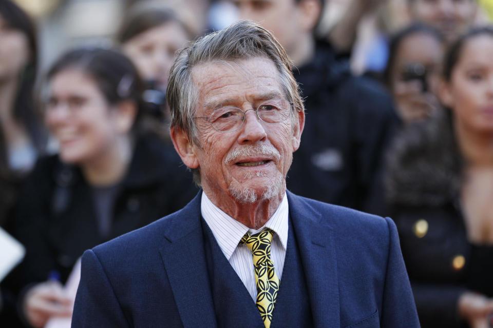 <p> File - This Sep. 13, 2011, shows British actor and cast member John Hurt arriving for the UK film premiere of "Tinker Tailor Soldier Spy" at the BFI Southbank in London. The great and versatile actor Hurt, who could move audiences to tears in “The Elephant Man,” terrify them in “Alien,” and spoof that very same scene in “Spaceballs,” has died at age 77. Hurt, who battled pancreatic cancer, passed away Friday, Jan. 27, 2017, in London according to his agent Charles McDonald. (AP Photo/Sang Tan, File) </p>