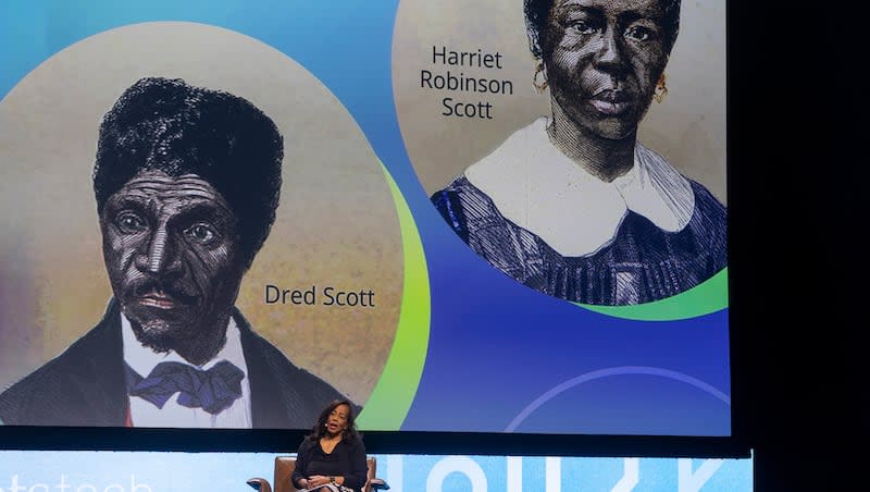 Keynote speaker Lynne M. Jackson, president and founder of The Dred Scott Heritage Foundation, presents at RootsTech in Salt Lake City on Friday, March 1, 2024.