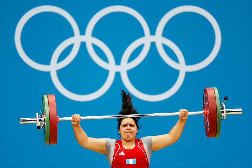 LONDON, ENGLAND - AUGUST 05: Astrid Roxana Camposeco Hernandez of Guatemala during the Women's 75kg Weightlifting on Day 9 of the London 2012 Olympic Games at ExCeL on August 5, 2012 in London, England. (Photo by Jamie Squire/Getty Images)